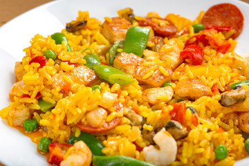 Traditional Spanish paella with seafood and chicken