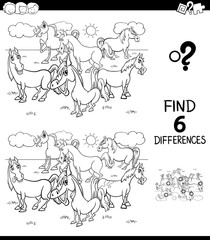 differences color book with horses animal characters