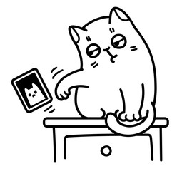 Vector Outline Black And White Drawing Of A Cute Cat Pushing A Framed Portrait Off The Table And Knocking It Over