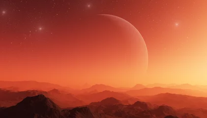 Rolgordijnen 3d rendered Space Art: Alien Planet - A Fantasy Landscape with planet and red skies © britaseifert