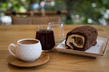 the cake and Turkish coffee service concept in the cafe . 