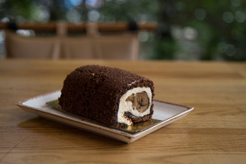 the cake and Turkish coffee service concept in the cafe . 