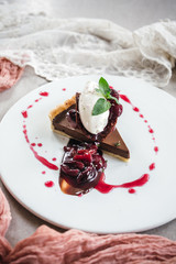 Chocolate Custard Tart Dessert with Concord Grape Compote and Vanilla Chantilly Cream