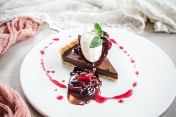 Chocolate Custard Tart Dessert with Concord Grape Compote and Vanilla Chantilly Cream