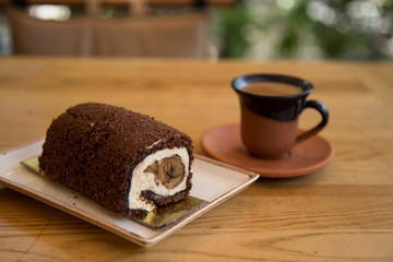the cake and Turkish coffee service concept in the cafe . 