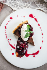 Chocolate Custard Tart Dessert with Concord Grape Compote and Vanilla Chantilly Cream
