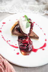 Chocolate Custard Tart Dessert with Concord Grape Compote and Vanilla Chantilly Cream