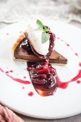 Chocolate Custard Tart Dessert with Concord Grape Compote and Vanilla Chantilly Cream