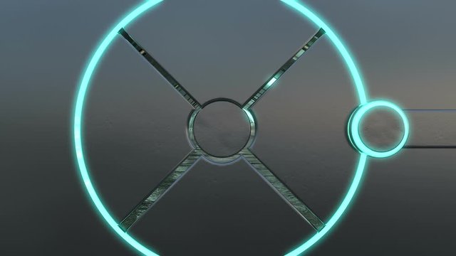 Metallic hatch with neon lights opens panoramic view to the landscape scene. 3d abstract background of Sci-fi corridor. Futuristic technology VJ for tech titles and background.