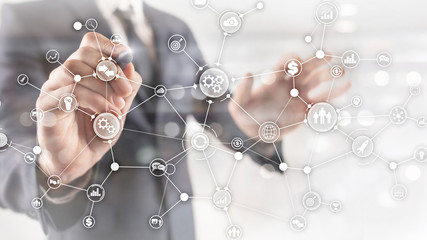 Business process structure industrial workflow diagram automation innovation concept on virtual screen mixed media.