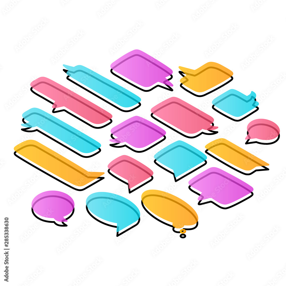 Poster set of speech colorful bubbles of various shapes, isolated on a white background. flat 3d isometric 