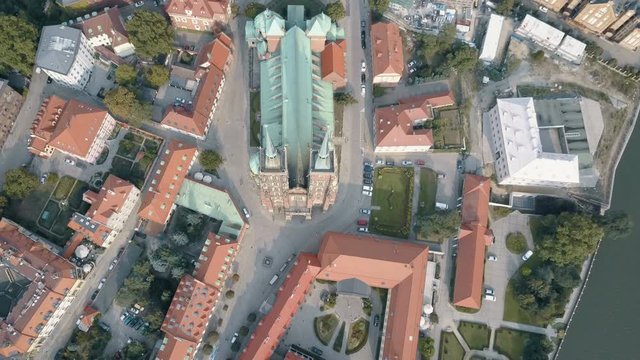 Aerial top View of Wroclaw, Ostrow Tumski, Cathedral of St. John the Baptist, Katedra Swietego Jana Chrzciciela, Old Town, Stare Miasto, Poland, Polska