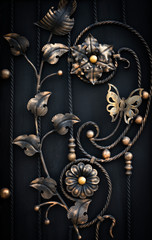beautiful metallic flower and leaves on a metal gate