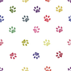Naklejka na ściany i meble Vibrant colorful doodle paw prints. Seamless for textile design pattern