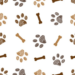 Seamless pattern for textile design. Brown doodle paw print and bones pattern background