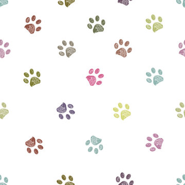 Pastel colored doodle paw prints. Seamless for textile design pattern