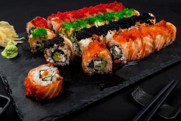 Set of traditional japanese food on a dark background.