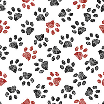 Seamless pattern for textile design. Seamless doodle black and red paw prints pattern