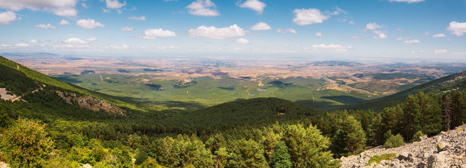 Panorama of green valleys of Aragon region from the moncayo mountain. Natural environment in summer...