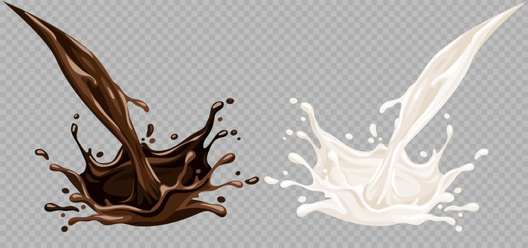 Milk yoghurt and chocolate food splashes with flow. Spray and drops of simple of sweet liquids Isolated on transparent grid background. Eps10 vector illustration.