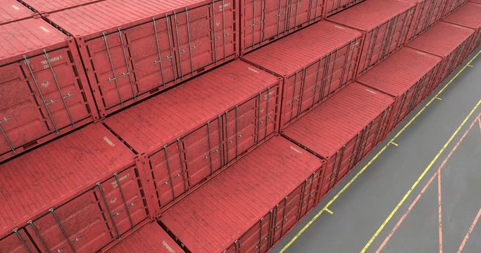 High angle view of rows of intermodal ISO shipping containers at transportation port harbor. Shipping containers are ready for use in railroad, truck or sea transportation. Seamless loop