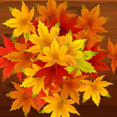 Naklejka na ściany i meble Autumn Background Template, with falling bunch of leaves on wooden boards, shopping sale or seasonal poster