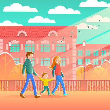 Young happy family with a small son walk on foot through the autumn city. Yellow trees, houses and the rays of the sun. Vector illustration.