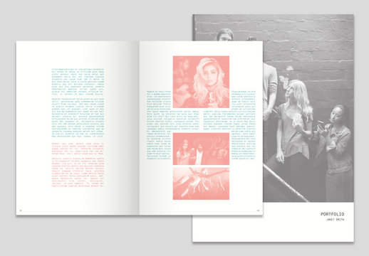 Portfolio Layout with Teal Text and Red Overlay Elements
