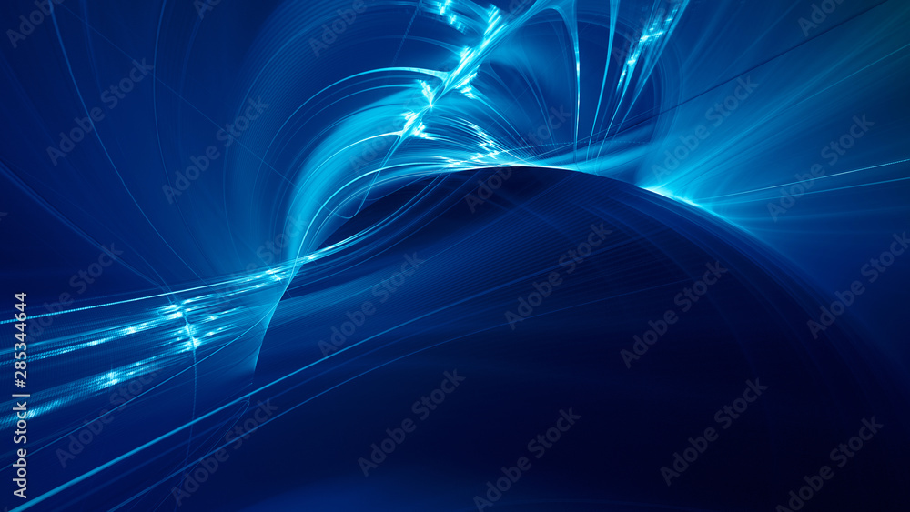 Fototapete Abstract blue background element on black. Fractal graphics 3d Illustration. Three-dimensional composition of glowing lines and motion blur traces. Movement and innovation concept.
