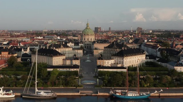 Aerial view of Amalienborg Castle located in Copenhagen, Denmark at sunrise