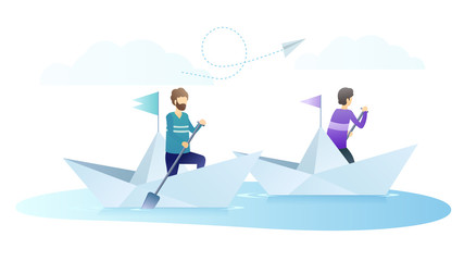 Young men on paper boats flat vector illustration. Company colleagues, sailors with paddles cartoon characters. Friendly competition, business rivalry metaphor. Rowing sport, regatta concept.