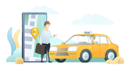 Taxi delivery application flat vector illustration. Businessman with suitcase and cab driver cartoon characters. Car delivery, chauffeur service. Urban travel mobile app. City transportation business.