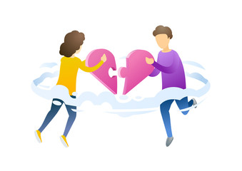 People with heart mosaic flat vector illustration. Perfect match, love in air metaphor. Boyfriend and girlfriend holding heart puzzle pieces cartoon characters. Building romantic relationships.