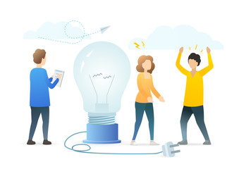 Creative crisis metaphor flat vector illustration. Arguing couple and psychologist, coworkers cartoon characters. Light bulb with no energy, idea generation, brainstorm failure. Family therapy session