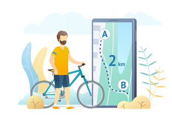 GPS navigation system flat vector illustration. Young man with bicycle cartoon character. Cyclist with bike and city map on big smartphone screen. Navigator application, urban travel route.