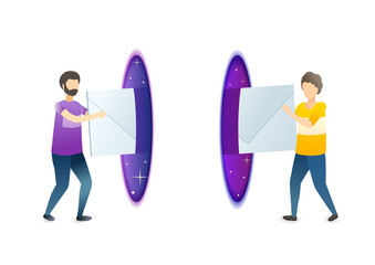 Sending mail metaphor flat vector illustration. Cartoon male addresser and addressee transmitting envelope through symbolic space gate. Email, sms, electronic correspondence sending concept.