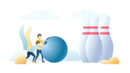 Friends playing bowling flat vector illustration. Cartoon players pushing huge ball to pins. Indoor game, club entertainment, relax concept. Teamwork in overcoming difficulties metaphor .