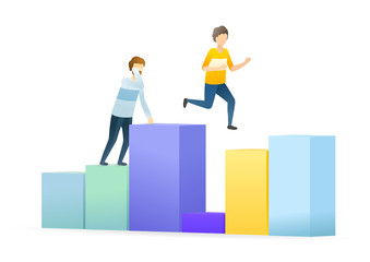 Workplace competition metaphor flat vector illustration. Cartoon workers, businessman jumping on chart tables. Rise and fall concept. Leader, winner reaching top, approaching to victory.