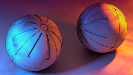 wire frame spheres with glowing lights on reflective surface with soft focus background