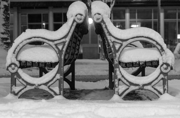 Park benches covered in snow