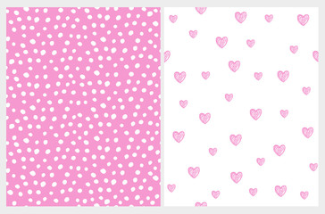 Hand Drawn Childish Style Vector Pattern Set. White Tiny Dots on a Pink Background. Pink Skteched Hearts Isolated On a White Layout. Cute Simple Geometric Design.