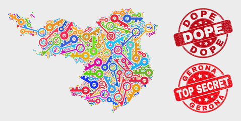 Security Gerona Province map and seal stamps. Red rounded Top Secret and Dope scratched seals. Colored Gerona Province map mosaic of different security symbols.