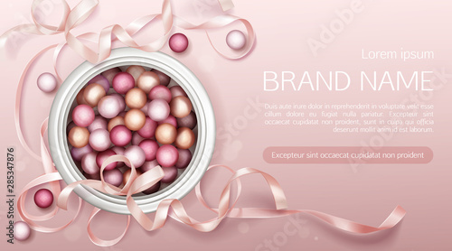 Download Cosmetics Open Jar With Pearls Top View Primer Or Powder Spheres Cosmetic Package Mockup Beauty Product Capsules For Face Care On Pink Background With Ribbon Realistic 3d Vector Illustration Banner Wall Mural Vectorpouch