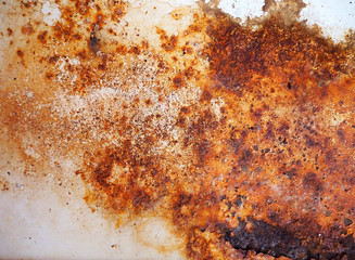 Brown, black and yellow rust and dirt on white enamel. Rusted brown and white abstract texture....