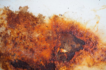 Rust and dirt on white enamel. Rusted brown and white abstract texture. Corroded white metal background. Rusted white painted metal wall. Rusty metal surface with streaks of rust. 