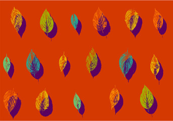 Bright cocky seamless pattern of autumn leaves stamps of different colours. Pop-art design. Fall motif for notebook cover, poster, wrapping paper