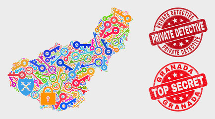 Passkey Granada Province map and stamps. Red rounded Top Secret and Private Detective textured seal stamps. Colorful Granada Province map mosaic of different passkey symbols.