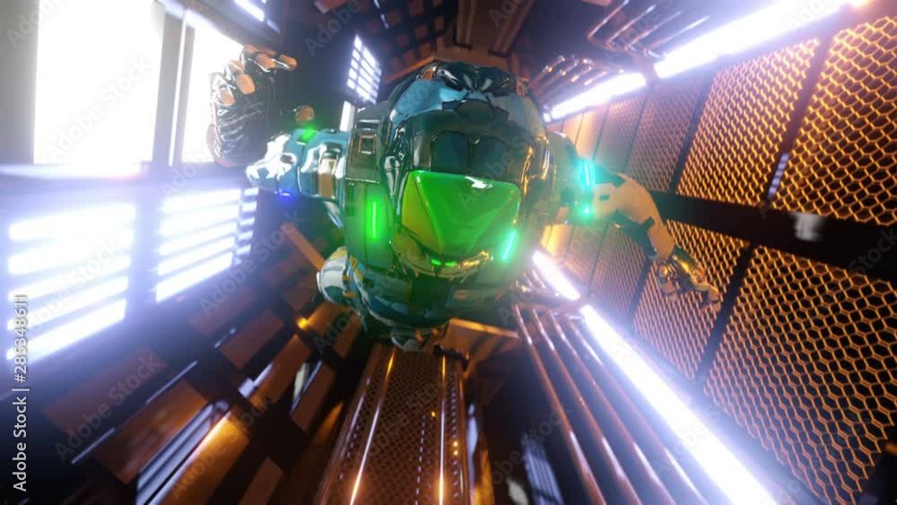 Wall mural astronaut flying in the spaceship corridor. sci-fi futuristic space tunnel vj for background and tit