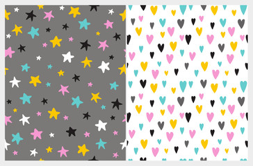 Hand Drawn Childish Style Vector Pattern Set. Colorful Stars on a Blue Background.Pink, Blue, Black and Yellow Hearts Isolated On a White Layout. Cute Simple Geometric Design.