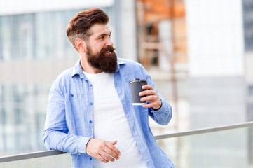 Coffee completes me. Make yourself useful. Man drink take away coffee. Bearded man relax outdoors....